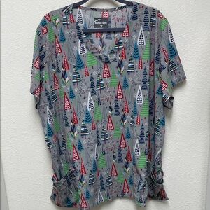 Butter-Soft 3X Festive Christmas Holiday Tree Pattern Scrub Top
